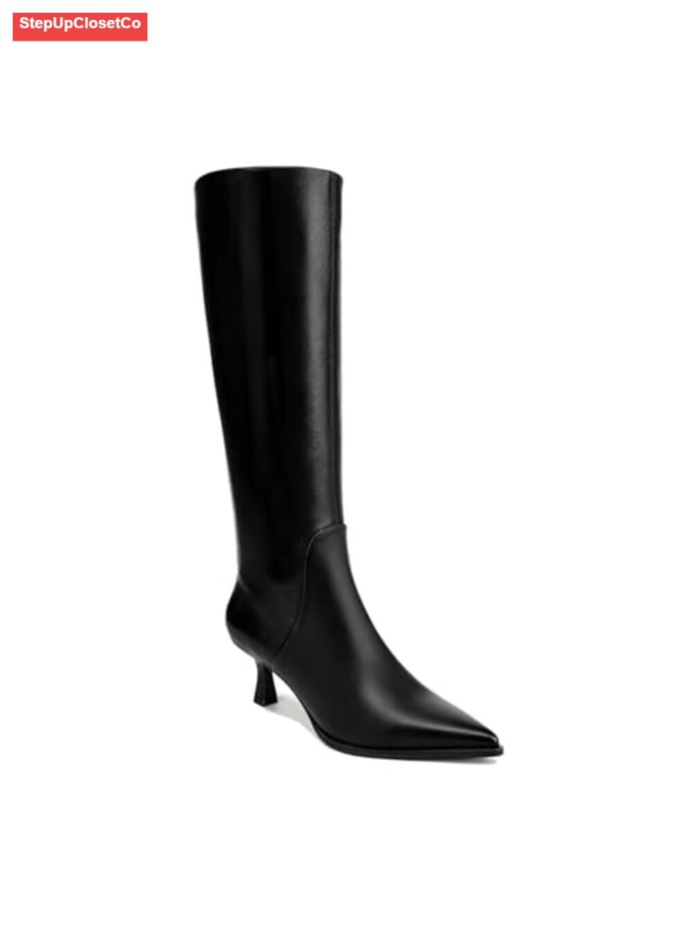 Kitten Heel Knee High Boots Pointed Toe Tall PU Leather Side Zip